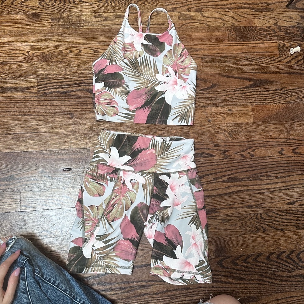 Old Navy Floral Pink, Green, White High-Neck Crop Top and Matching Shorts Set